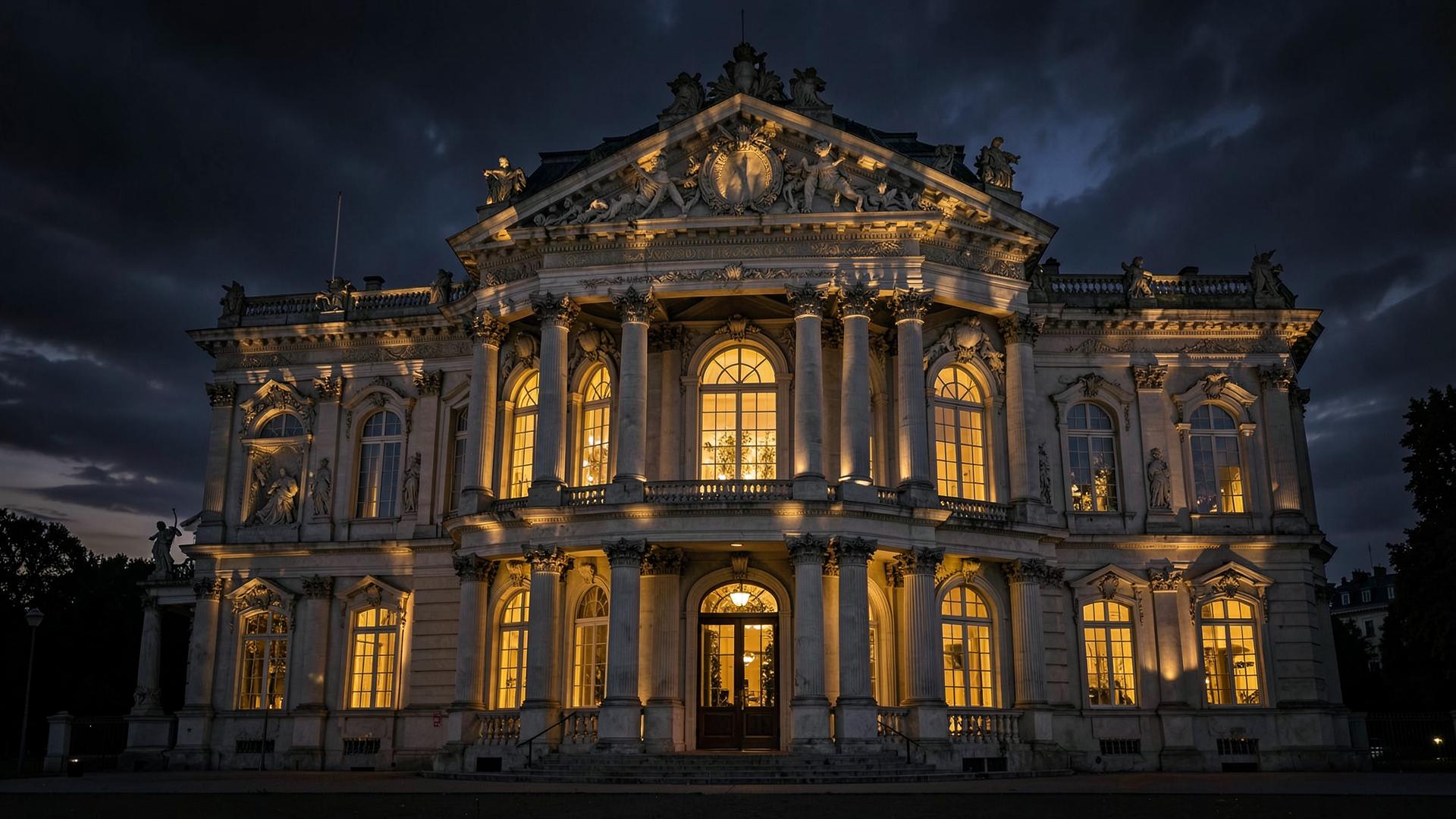 GoldenStudio palace facade glowing gold at dusk